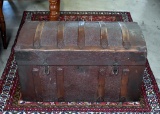 Antique Oak Slat & Stamped Metal Steamer Trunk
