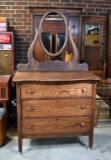 Early 20th C. Three Drawer Oak Dresser with Mirror on Caster Feet