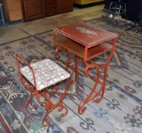 Vintage Stenciled Red Metal & Wood Two-Tier Telephone Table with Matching Stool Seat