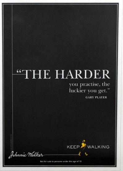 Johnnie Walker Advertising Poster w Gary Player Quote “The Harder You Practice, the Luckier You Get"