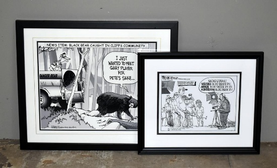 Two Framed Cartoons about Gary Player: One is Cliffs Community (SC) Related; Other is S. African