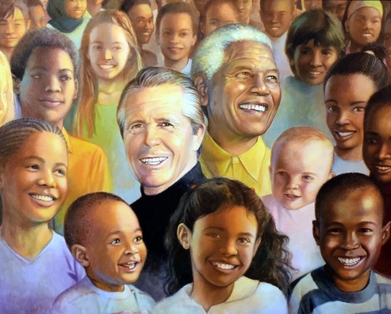 Print of Avril Wiid Painting on Gary Player and Nelson Mandela with Children