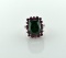 Sterling Silver Ring with Large Central Green Tourmaline Surrounded by Pink Lab Sapphires, Size 6.75