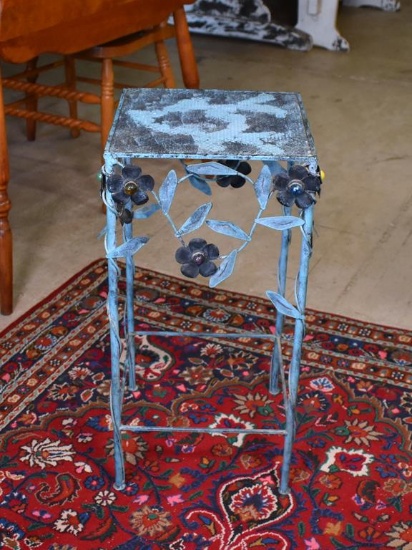 Outdoor Metal Side Table with Glass Cabochons & Floral Vines Detailing