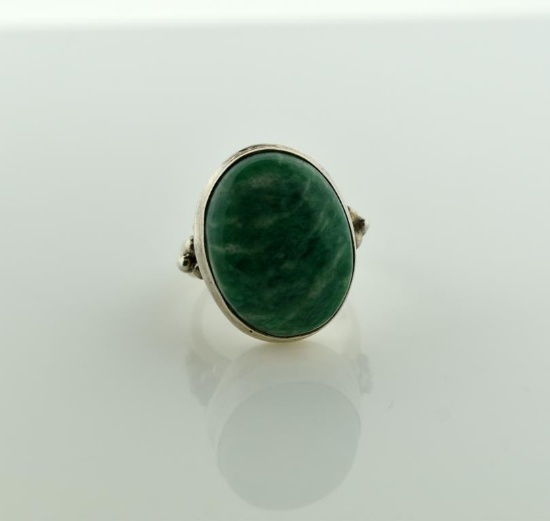 Sterling Silver and Large Aventurine Cabochon Ring, Size 7.5