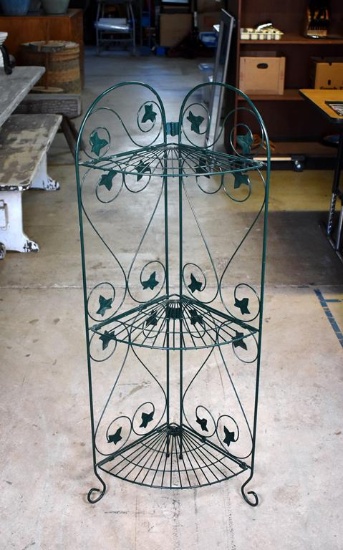 Three Level Green Metal Plant Stand with Ivy Leaf Motif