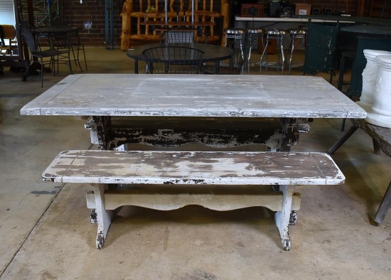 Chalk Painted Weather Distressed Outdoor Wooden Trestle Dining Table with Matching Trestle Benches