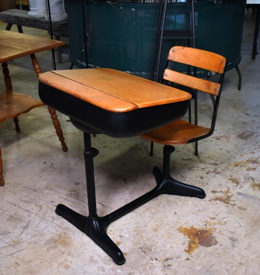 Vintage Wood and Metal School Desk and Chair Combo