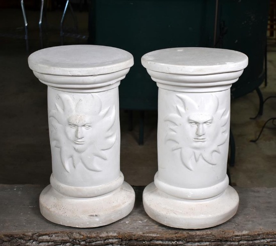 Pair of White Chalkware Plant Stands with Sun Mask Motif