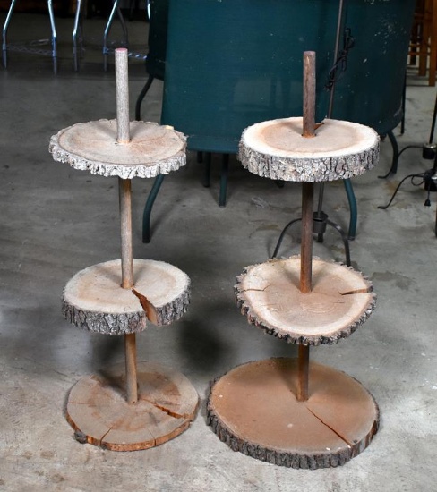 Pair of Rustic Three-Tier Tree Cookie Shelf Stands