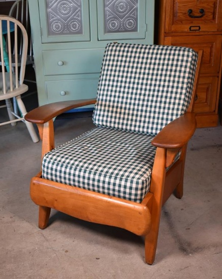 Maple Frame Armchair with Green Checked Upholstery Cushions