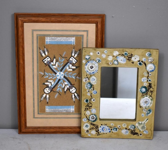 Lot of Two Wall Decor Items: Navajo Sandpainting “4 Ways Rainbow” and Artist Decorated Mirror Frame