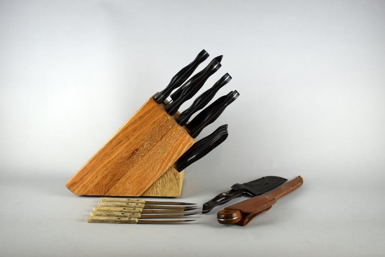 Lot of Eleven Piece Cutco Knife Set with Wood Block, Cutco & Boker Knives in Sheaths, & Others