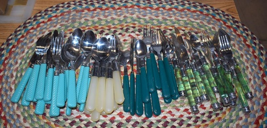 Large Lot of Flatware with Colorful Plastic Handles