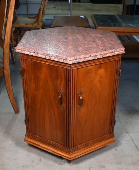 Faux Stone Top Hexagonal Shaped Cherry End Table with Storage