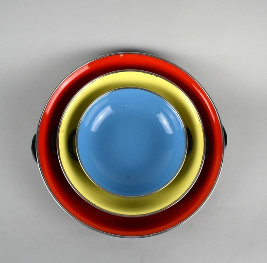 Nesting Set of Three Colorful Emo Celje Enamel Sautee Pans, Yugoslavia