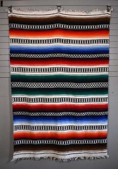 Vintage Mexican Blanket Textile with Red, Green & Blue Stripes