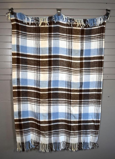 Vintage Machine Woven Throw with Blue, Brown, White Plaid