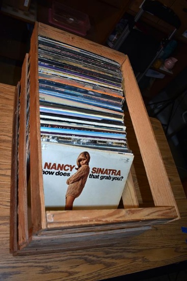 Lot of Vintage 33 Speed Vinyl Pop Records in Wooden Crate