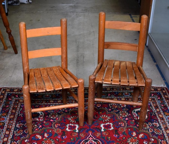 Two Children's Vintage Oak Wood Slat Seat Chairs