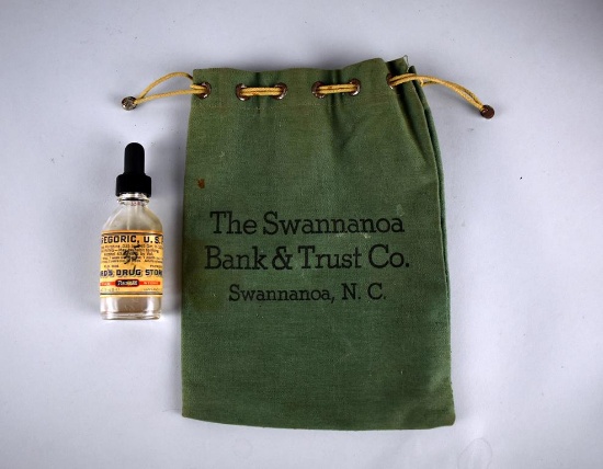 Two Vtg Swannanoa. NC Collectibles: Ward's Drugs Medicine Bottle and Bank & Trust Canvas Money Bag