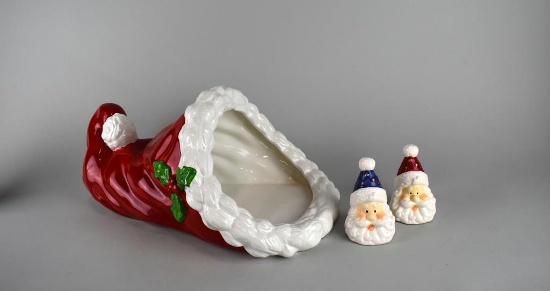 Large Ceramic Santa Hat Cornucopia with Salt / Pepper Shakers