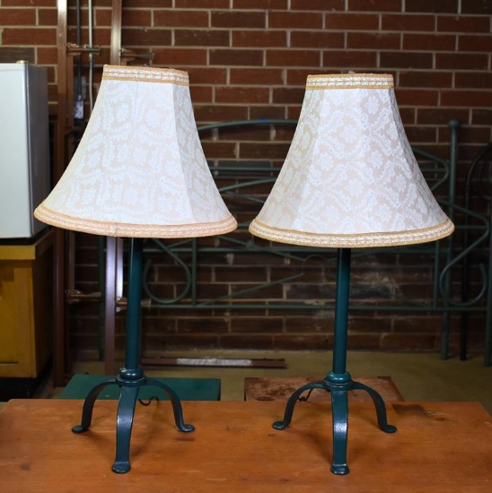 Pair of Green Metal Table Lamps with Creme & Gold Shades