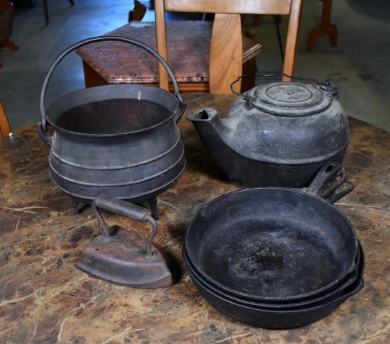 Lot of Vintage Cast Iron Skillets, Kettle, Pot, & Clothes Iron