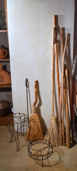 Lot of Outside Brooms, Walking Sticks, Rain Stick, & Plant Racks, Fireplace Items