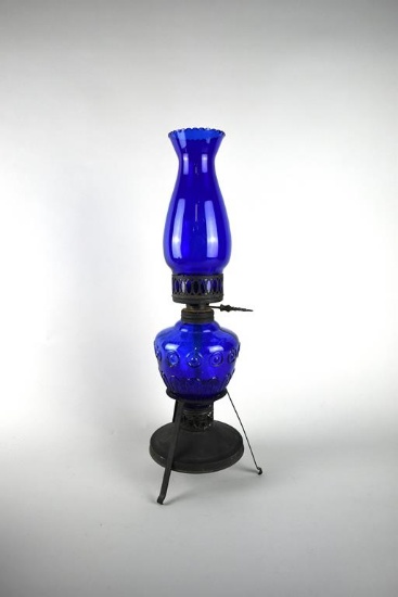 Blue Glass & Metal Oil Lamp