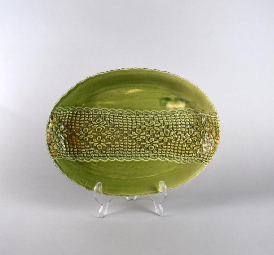 Textured Green Studio Art Pottery Oval Platter Signed 'Gloria'