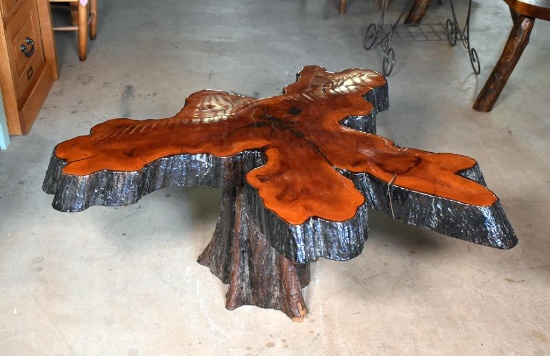Delta Cypress Cross-Cut Butterfly Tree Cookie Coffee Table with Epoxy Finish, Natural Stump Base