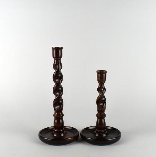 Pair of Wooden Barley Twist Candle Sticks