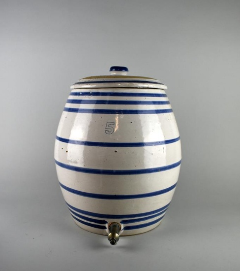 Glazed Stoneware Beverage Dispenser with Blue Stripes, #5