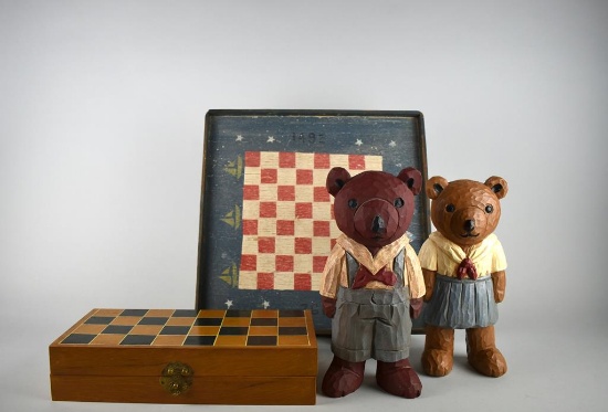 Lot of Game Boards, Chess Pieces, & Country Bear Figurines