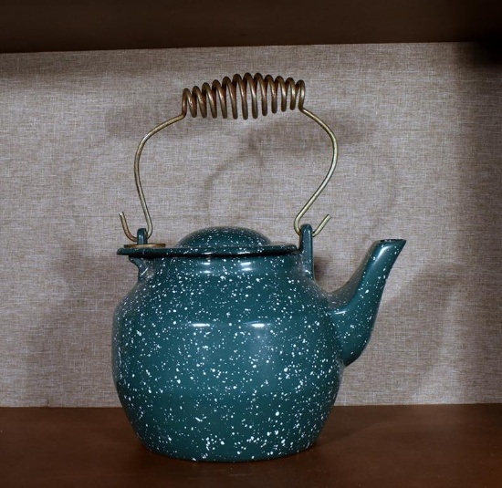 Graniteware Cast Iron Tea Kettle with Swivel Lid & Spring Handle, Green Speckled Enamel