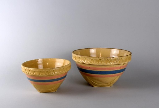 Two McCoy Yellow Ware Blue & Pink Striped Mixing Bowls