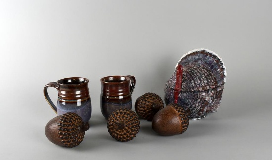 Lot of Seven Pieces of Autumnal Pottery & Ceramic Pieces: Mugs, Canister, Acorns