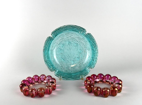 Anchor Hocking Lido Soreno Ashtray & Two Pink Boopie Glass Ashtrays / Catch-Alls