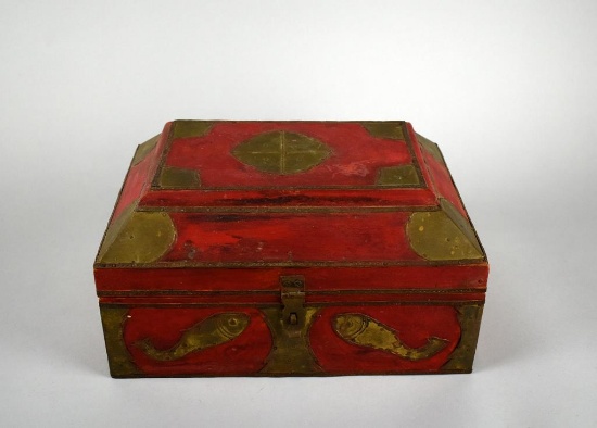 Vintage Brass Mounted Red Wooden Box
