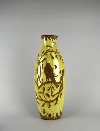 Tall Chartreuse & Brown Vase / Decor with Singing Bird