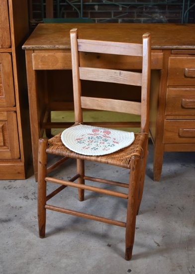 Antique Hickory Ladderback Chair with Woven Cane Seat and Braided Rug Seat Pad