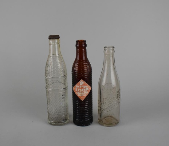 Three Vintage Glass Soda Bottles: Nehi Orange Crush & Dr. Pepper 10- 2- 4