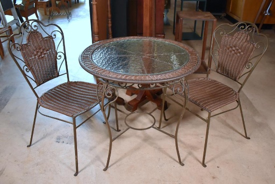 Wrought Metal, Wicker and Glass 3-Piece Bistro Set