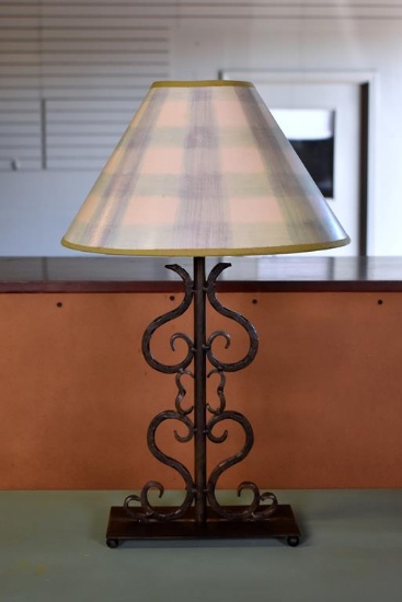 Bronze Finish Wrought Metal Table Lamp with Light Green Plaid, Cream & Tan Shade