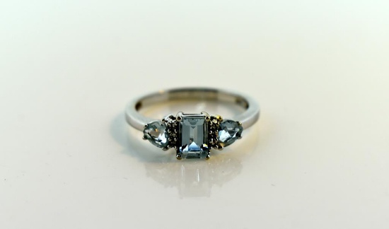 Three Aquamarine and 14K White Gold Ring, Size 7.25