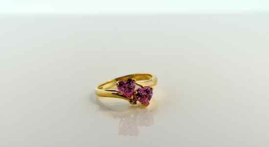 Pink Ice CZ Hearts and 10K Plumb Gold Ring. Size 6.5