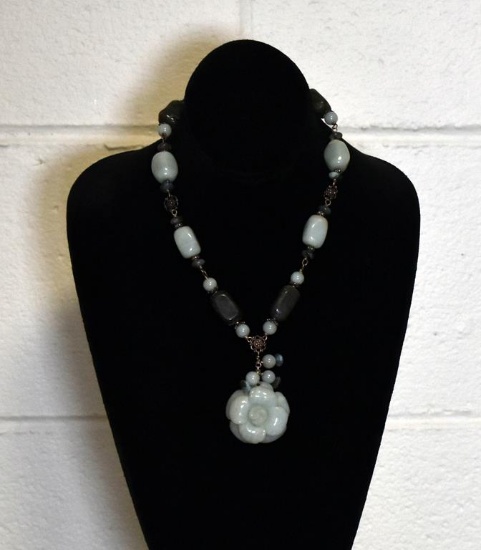 Silver, Jade and Serpentine Bead 18” Necklace with Jade Flower Pendant