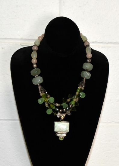 Sterling Silver,  Jade, Chrysoprase 18” Necklace with Sterling, Peridot and Serpentine Pendant
