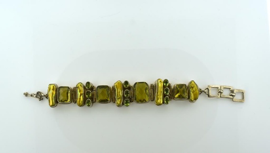 Sterling Silver 8” Link Bracelet with Green Peridot / Zircon Colored Lab Stones
